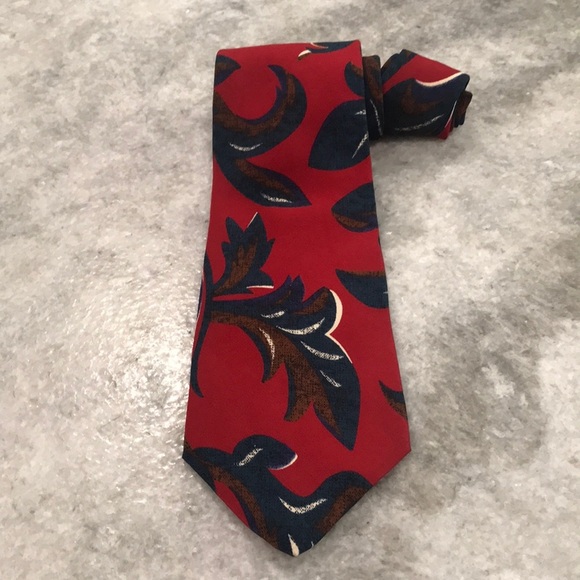 Vintage Enrico Coveri Silk Tie Mens Necktie Red Blue Leaf Pattern Made in USA - Picture 1 of 8